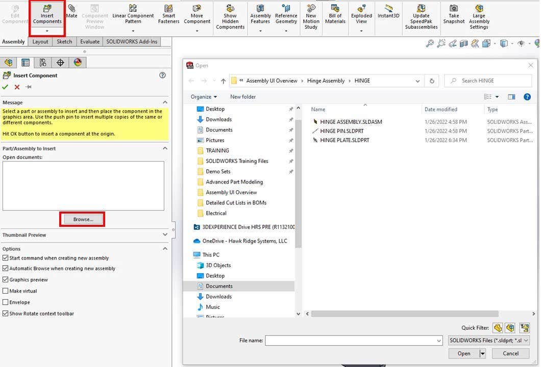 Insert Components command in SOLIDWORKS