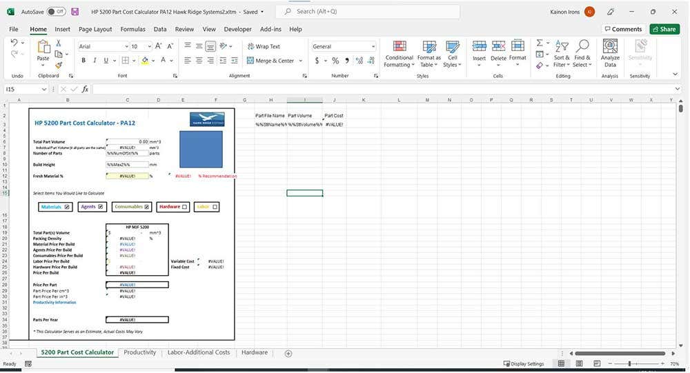Template form in Materialise Magics for part cost calculation