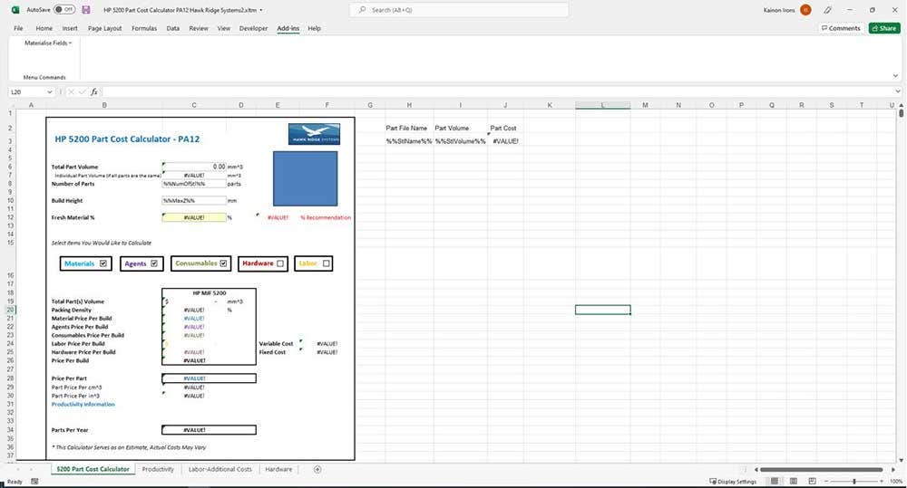 Formulas and structure in part cost calculator with Materialise Magics